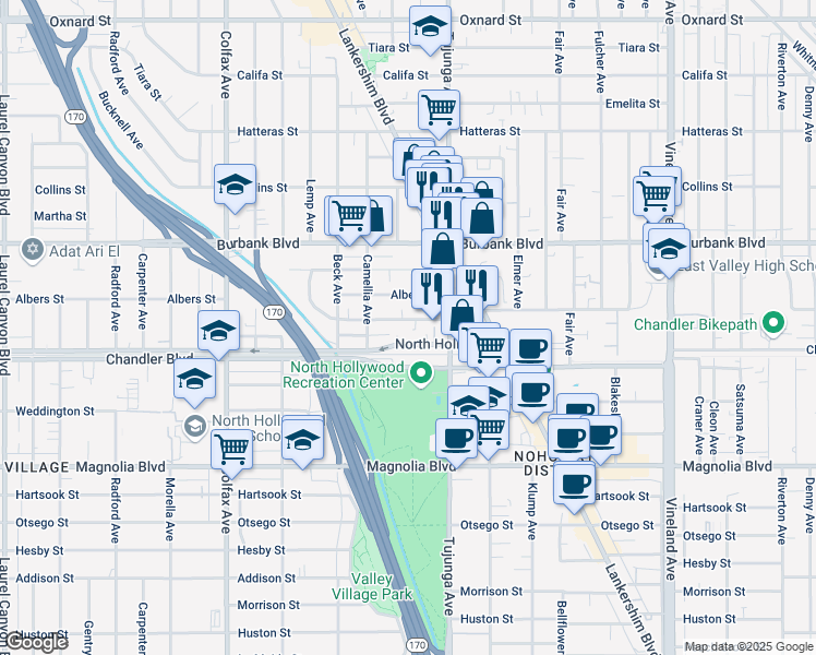 map of restaurants, bars, coffee shops, grocery stores, and more near 11425 Cumpston Street in Los Angeles