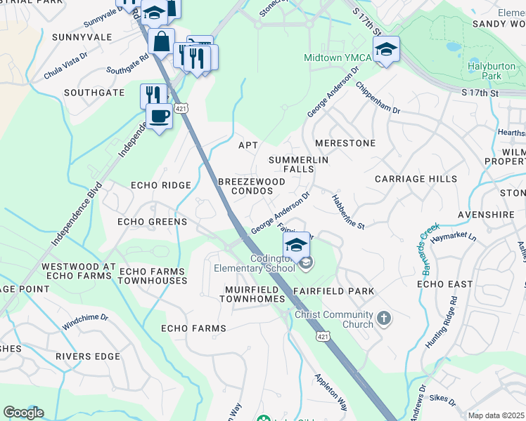 map of restaurants, bars, coffee shops, grocery stores, and more near 4168 Breezewood Drive in Wilmington