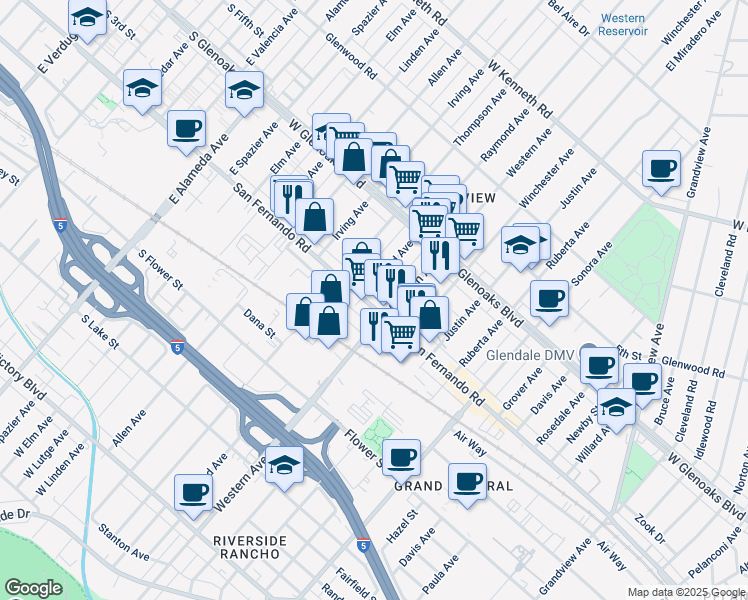 map of restaurants, bars, coffee shops, grocery stores, and more near 1011 Raymond Avenue in Glendale