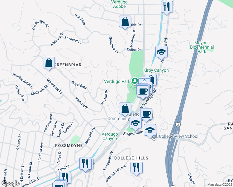 map of restaurants, bars, coffee shops, grocery stores, and more near 1815 Las Flores Drive in Glendale
