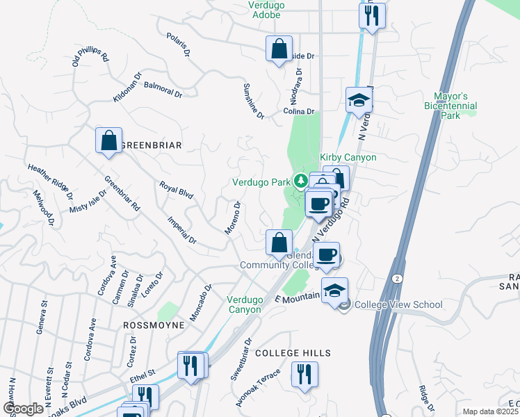 map of restaurants, bars, coffee shops, grocery stores, and more near 1815 Las Flores Drive in Glendale