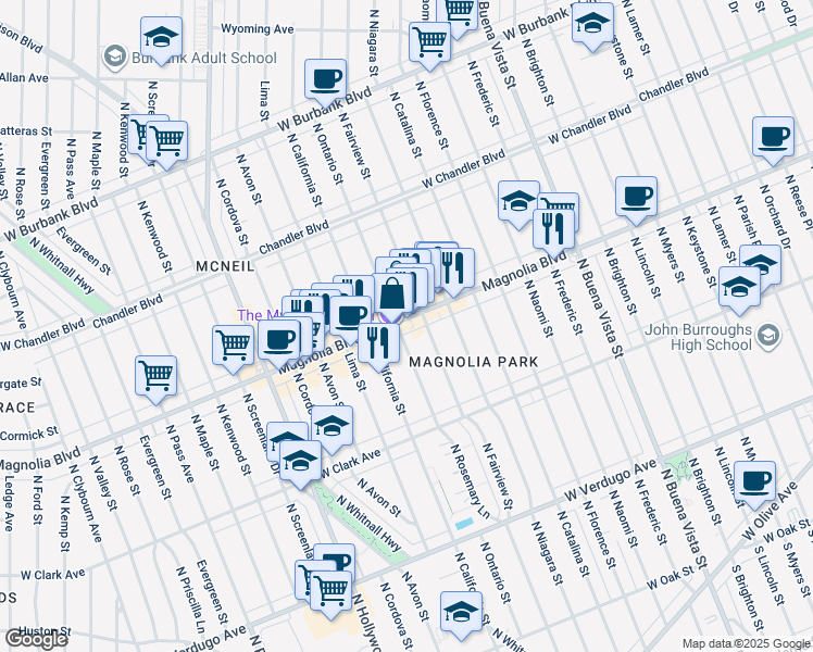 map of restaurants, bars, coffee shops, grocery stores, and more near 3120 West Magnolia Boulevard in Burbank