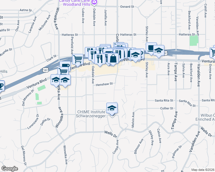map of restaurants, bars, coffee shops, grocery stores, and more near 19709 Henshaw Street in Los Angeles