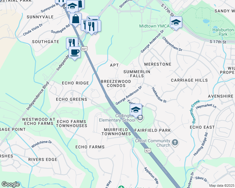 map of restaurants, bars, coffee shops, grocery stores, and more near 4164 Breezewood Drive in Wilmington
