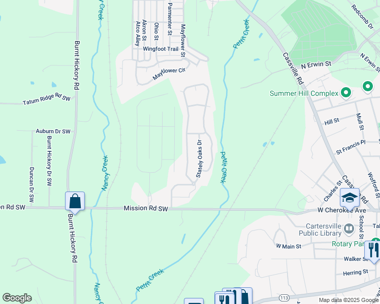 map of restaurants, bars, coffee shops, grocery stores, and more near 17 Twelve Oaks Drive Southeast in Cartersville