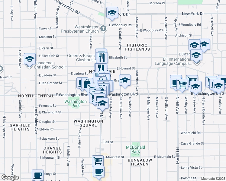 map of restaurants, bars, coffee shops, grocery stores, and more near 1404 North Mentor Avenue in Pasadena