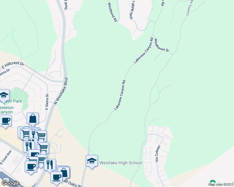 map of restaurants, bars, coffee shops, grocery stores, and more near 581 Lakeview Canyon Road in Westlake Village