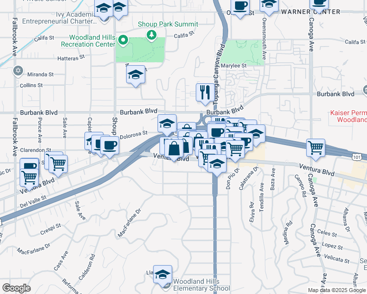 map of restaurants, bars, coffee shops, grocery stores, and more near 22131 Clarendon Street in Los Angeles