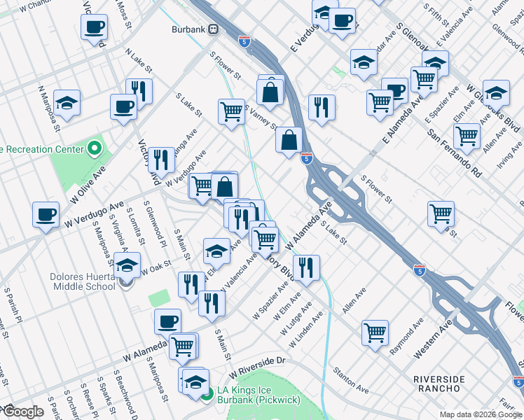 map of restaurants, bars, coffee shops, grocery stores, and more near 242 West Cedar Avenue in Burbank
