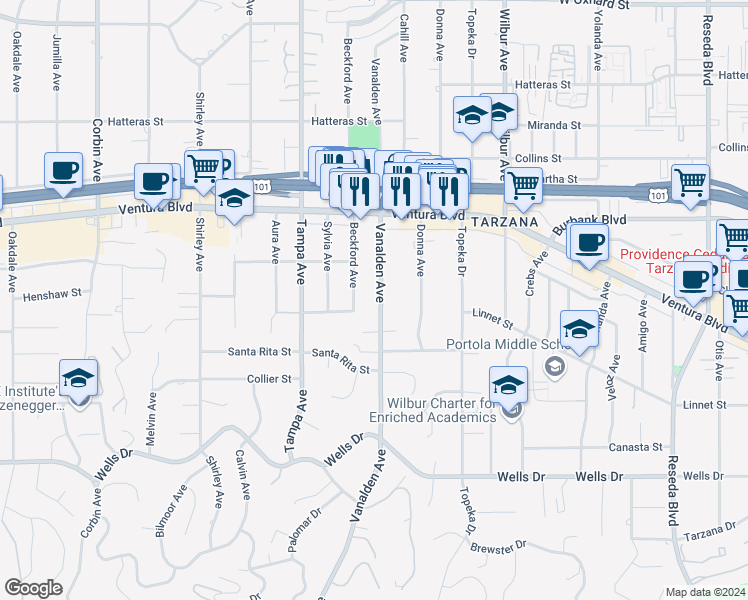 map of restaurants, bars, coffee shops, grocery stores, and more near 5411 Vanalden Avenue in Los Angeles