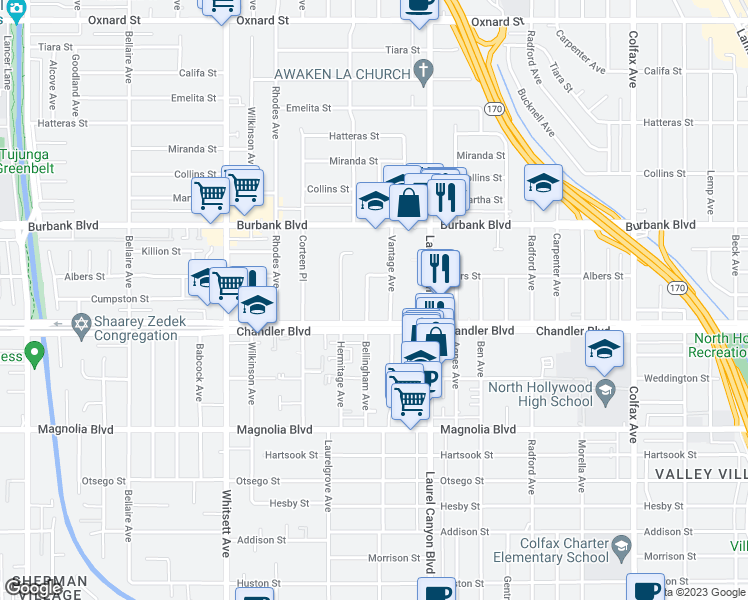 map of restaurants, bars, coffee shops, grocery stores, and more near 5430 Bellingham Avenue in Los Angeles