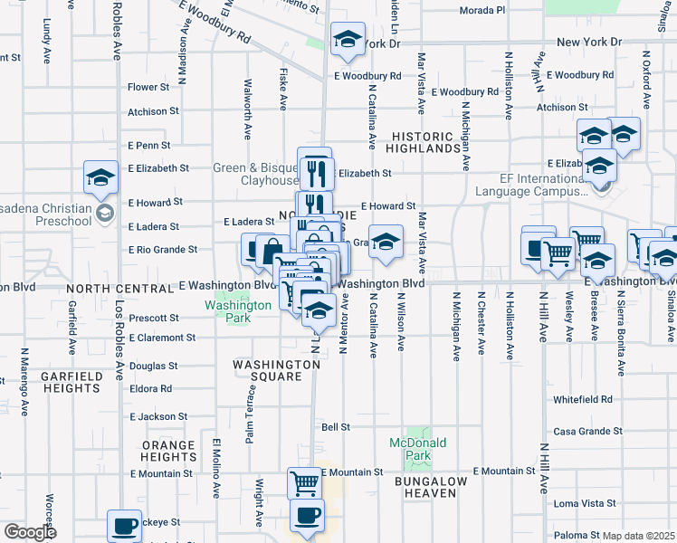 map of restaurants, bars, coffee shops, grocery stores, and more near 1375 North Mentor Avenue in Pasadena