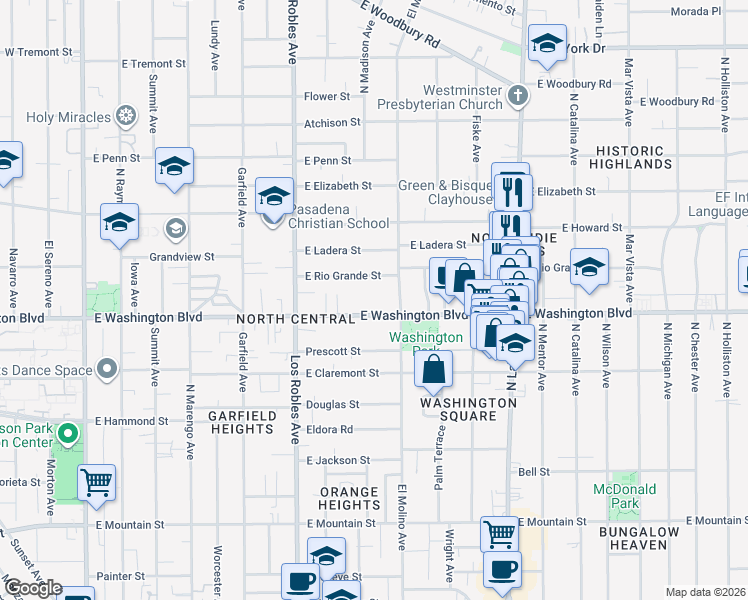 map of restaurants, bars, coffee shops, grocery stores, and more near 588 East Rio Grande Street in Pasadena
