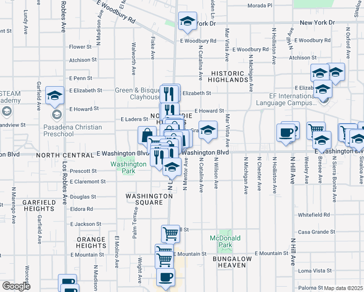 map of restaurants, bars, coffee shops, grocery stores, and more near 1367 North Mentor Avenue in Pasadena