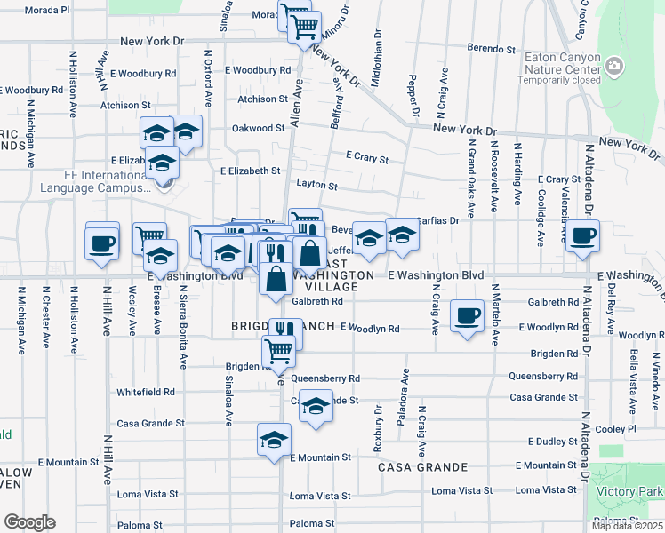 map of restaurants, bars, coffee shops, grocery stores, and more near 1923 East Washington Boulevard in Pasadena
