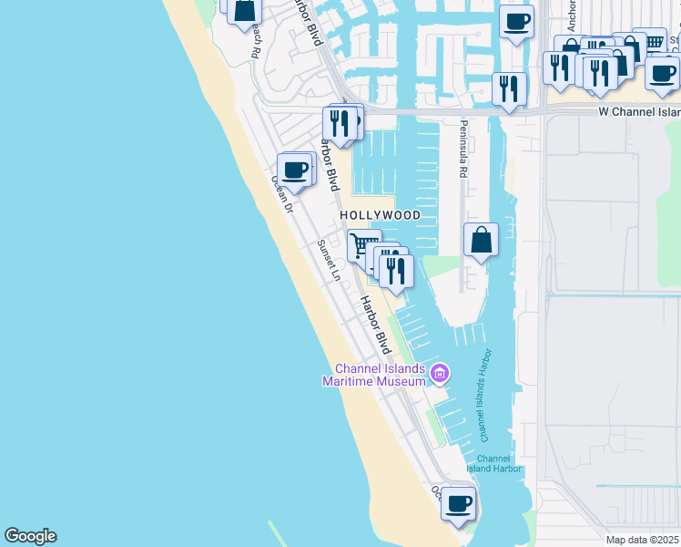 map of restaurants, bars, coffee shops, grocery stores, and more near 3384 Sunset Lane in Oxnard