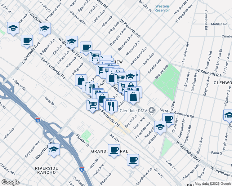 map of restaurants, bars, coffee shops, grocery stores, and more near 1612 West Glenoaks Boulevard in Glendale
