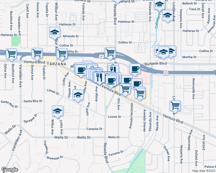 map of restaurants, bars, coffee shops, grocery stores, and more near 18547 Ventura Boulevard in Los Angeles