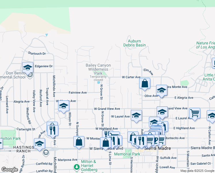 map of restaurants, bars, coffee shops, grocery stores, and more near 435 North Lima Street in Sierra Madre