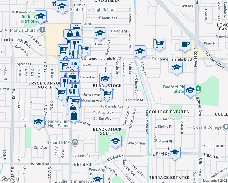map of restaurants, bars, coffee shops, grocery stores, and more near 550 Thomas Avenue in Oxnard