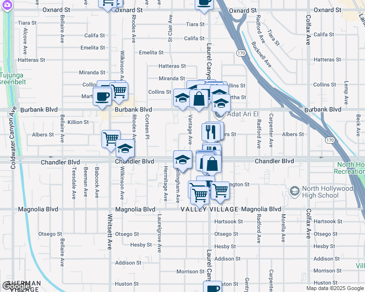 map of restaurants, bars, coffee shops, grocery stores, and more near 5430 Bellingham Avenue in Los Angeles