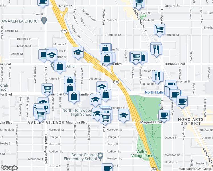 map of restaurants, bars, coffee shops, grocery stores, and more near 5428 Colfax Avenue in Los Angeles