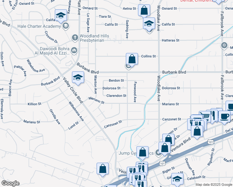 map of restaurants, bars, coffee shops, grocery stores, and more near 23439 Clarendon Street in Los Angeles