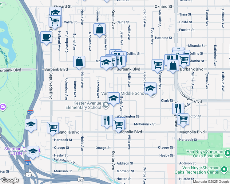 map of restaurants, bars, coffee shops, grocery stores, and more near 5436 Kester Avenue in Los Angeles