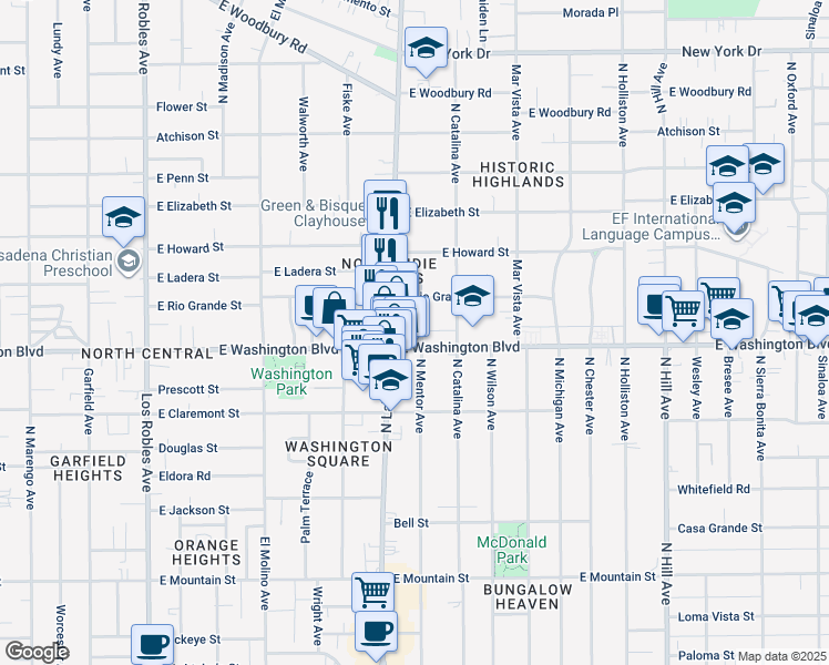 map of restaurants, bars, coffee shops, grocery stores, and more near 1367 North Mentor Avenue in Pasadena