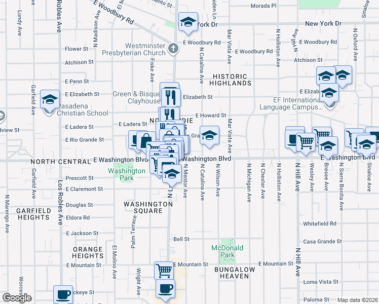 map of restaurants, bars, coffee shops, grocery stores, and more near 1404 North Mentor Avenue in Pasadena