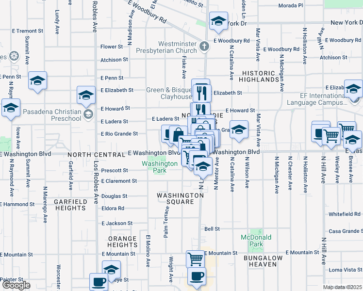 map of restaurants, bars, coffee shops, grocery stores, and more near 815 East Washington Boulevard in Pasadena