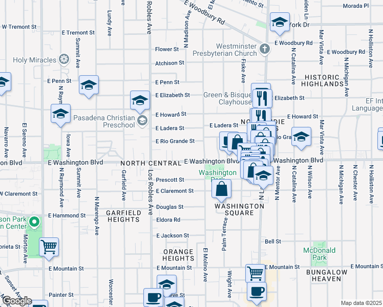map of restaurants, bars, coffee shops, grocery stores, and more near 588 East Rio Grande Street in Pasadena