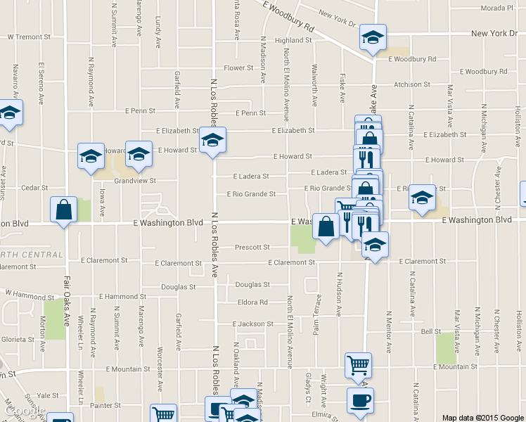 map of restaurants, bars, coffee shops, grocery stores, and more near 588 East Rio Grande Street in Pasadena
