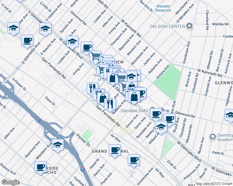 map of restaurants, bars, coffee shops, grocery stores, and more near 1612 West Glenoaks Boulevard in Glendale