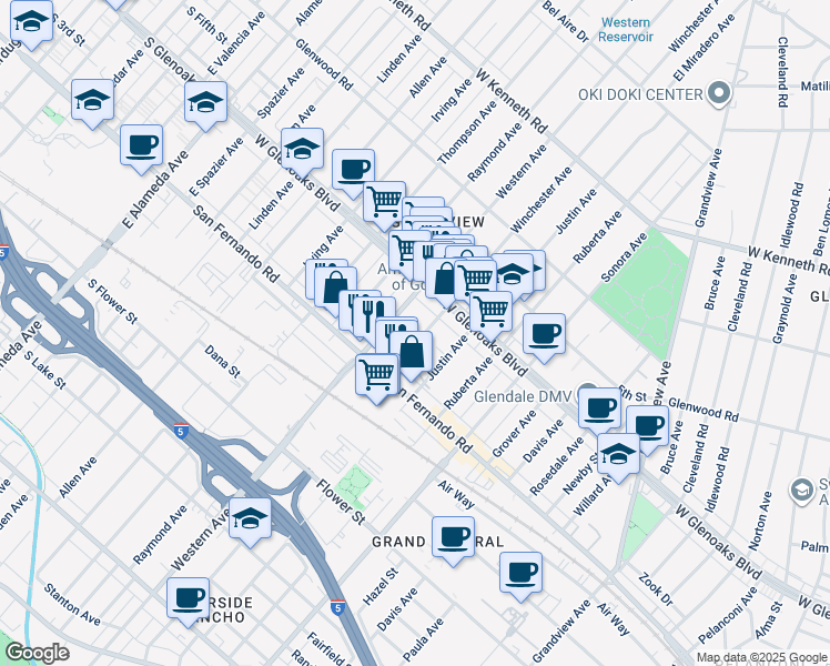 map of restaurants, bars, coffee shops, grocery stores, and more near 1049 Winchester Avenue in Glendale