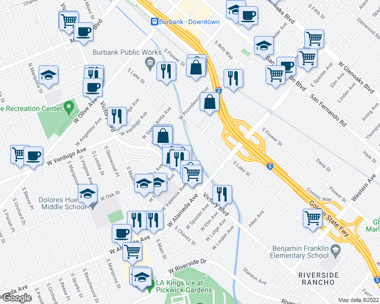 map of restaurants, bars, coffee shops, grocery stores, and more near 242 West Cedar Avenue in Burbank