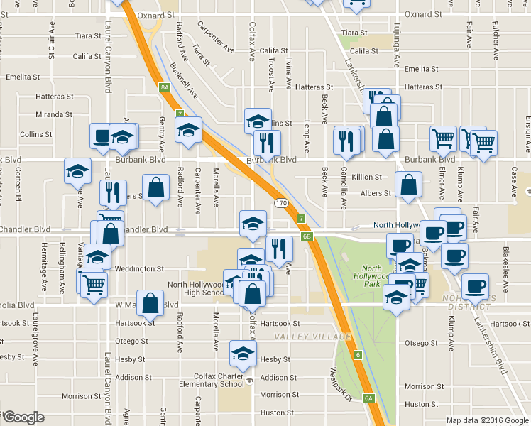 map of restaurants, bars, coffee shops, grocery stores, and more near 5446 Colfax Avenue in Los Angeles