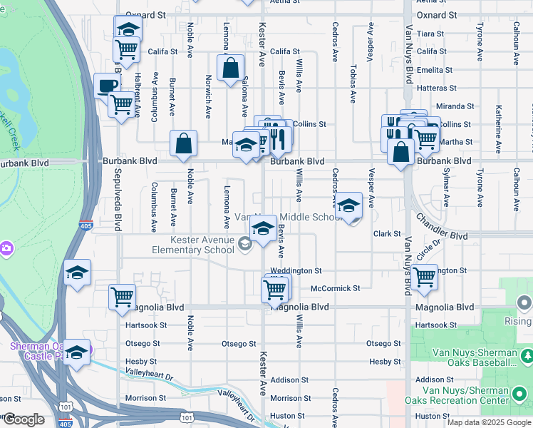 map of restaurants, bars, coffee shops, grocery stores, and more near 5436 Kester Avenue in Los Angeles