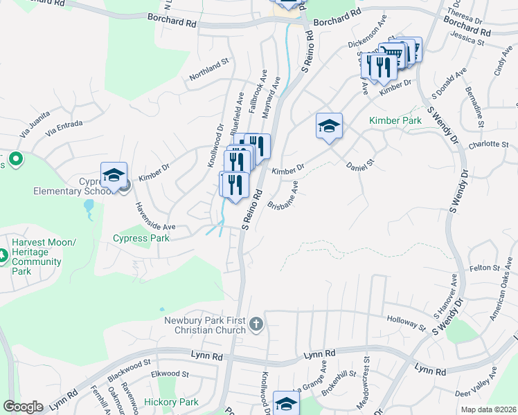 map of restaurants, bars, coffee shops, grocery stores, and more near 533 Walter Avenue in Thousand Oaks