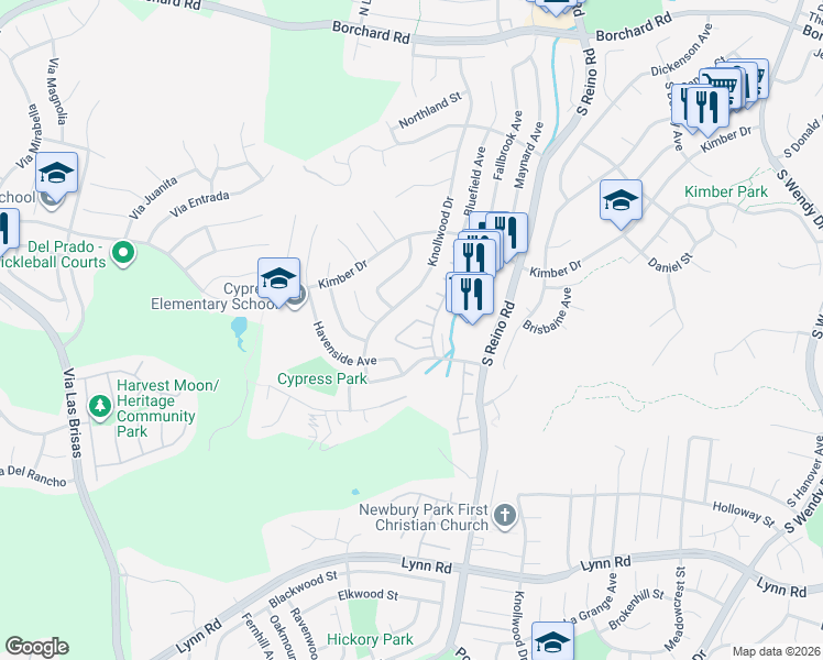 map of restaurants, bars, coffee shops, grocery stores, and more near 3889 Angeline Street in Thousand Oaks