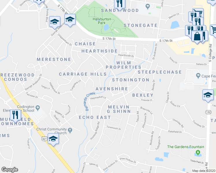 map of restaurants, bars, coffee shops, grocery stores, and more near 1030 Avenshire Circle in Wilmington