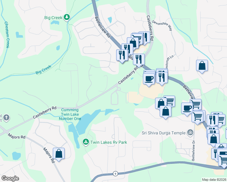 map of restaurants, bars, coffee shops, grocery stores, and more near 5840 Redstone Way in Cumming