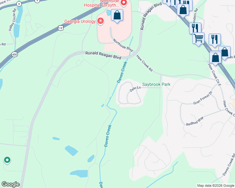 map of restaurants, bars, coffee shops, grocery stores, and more near 1545 Apple Blossom Drive in Cumming