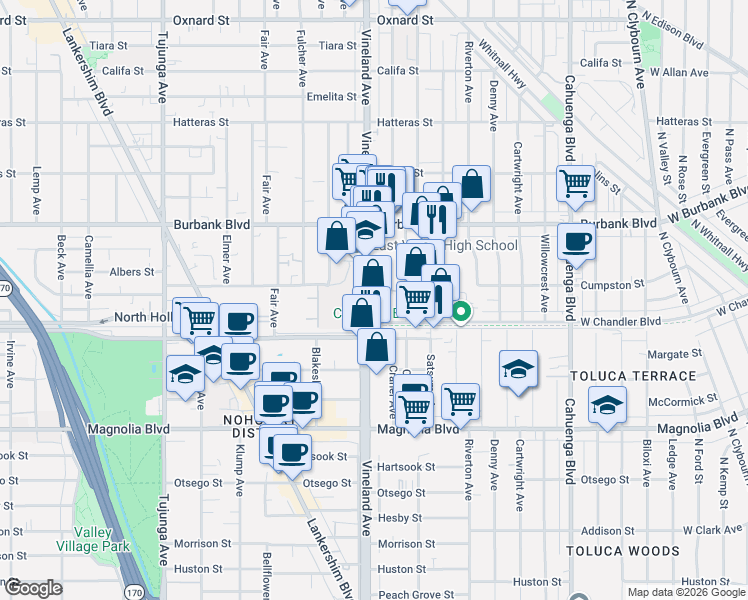 map of restaurants, bars, coffee shops, grocery stores, and more near 11469 Tiara Street in Los Angeles