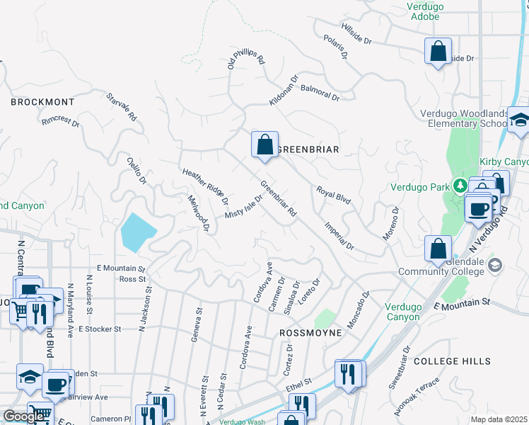 map of restaurants, bars, coffee shops, grocery stores, and more near 1500 Greenbriar Road in Glendale