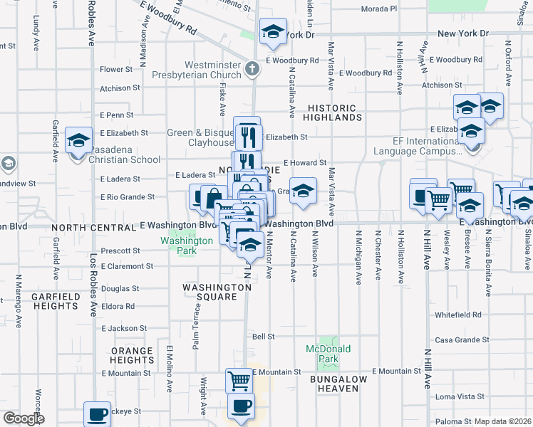 map of restaurants, bars, coffee shops, grocery stores, and more near 1365 North Mentor Avenue in Pasadena