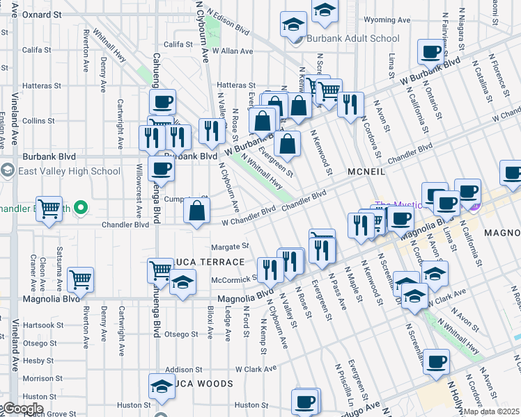 map of restaurants, bars, coffee shops, grocery stores, and more near 1203 North Valley Street in Burbank