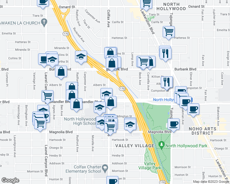 map of restaurants, bars, coffee shops, grocery stores, and more near 5429 Troost Avenue in Los Angeles