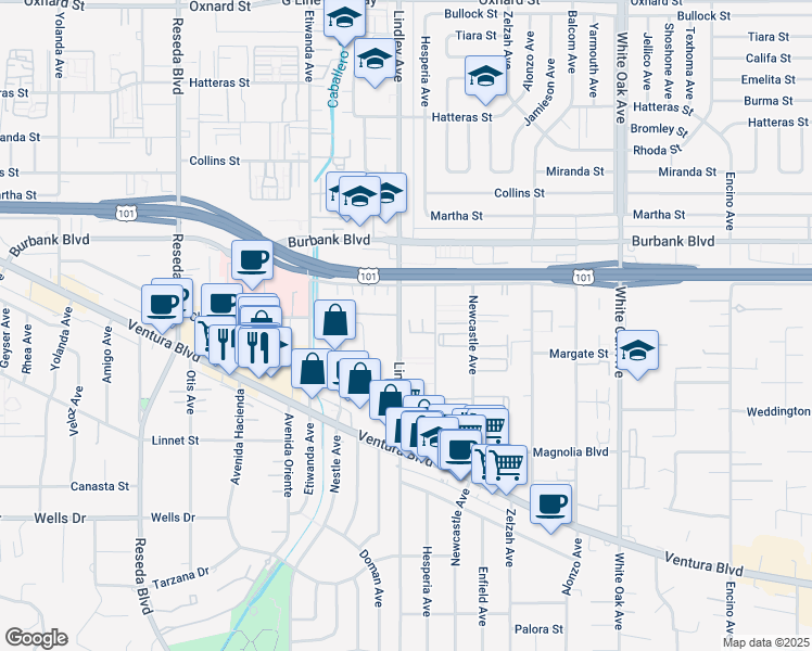 map of restaurants, bars, coffee shops, grocery stores, and more near 5440 Lindley Avenue in Los Angeles