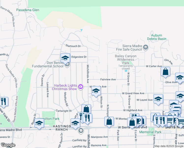map of restaurants, bars, coffee shops, grocery stores, and more near 470 North Michillinda Avenue in Sierra Madre